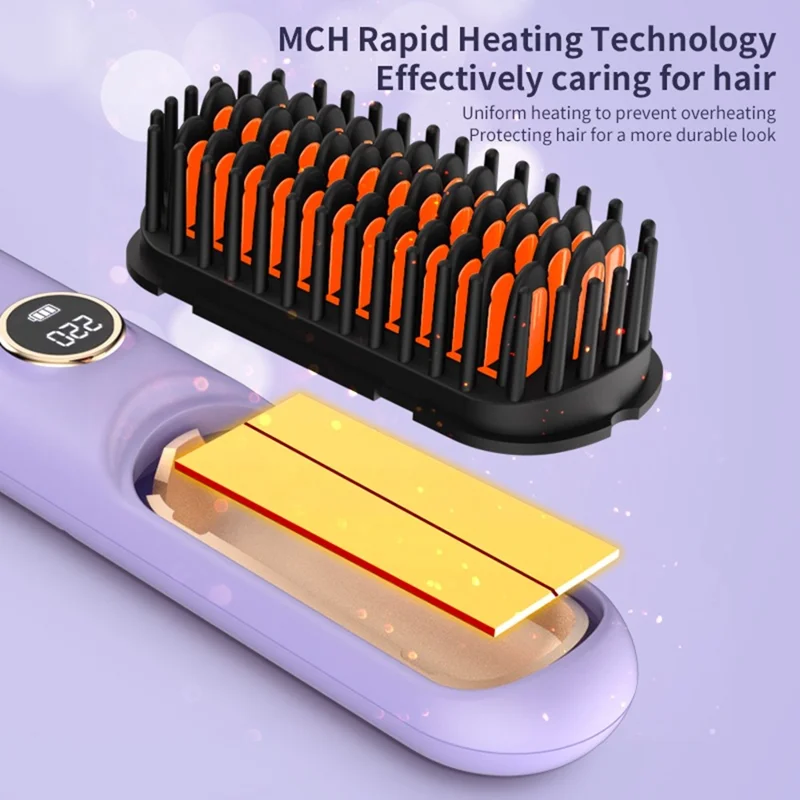 USB Rechargeable Ceramic Hair Straightener Comb Wireless Portable Styling Brush 9 Temperature Adjustment - Purple