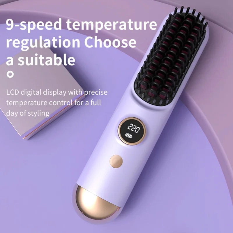 USB Rechargeable Ceramic Hair Straightener Comb Wireless Portable Styling Brush 9 Temperature Adjustment - Purple