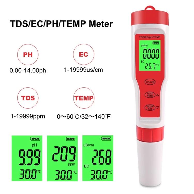 Misuratore Multiuso 4 in 1 per pH / EC / TDS / Temperatura Portatile Tester Digitale per la Qualità dell'Acqua con Retroilluminazione (senza Batterie)