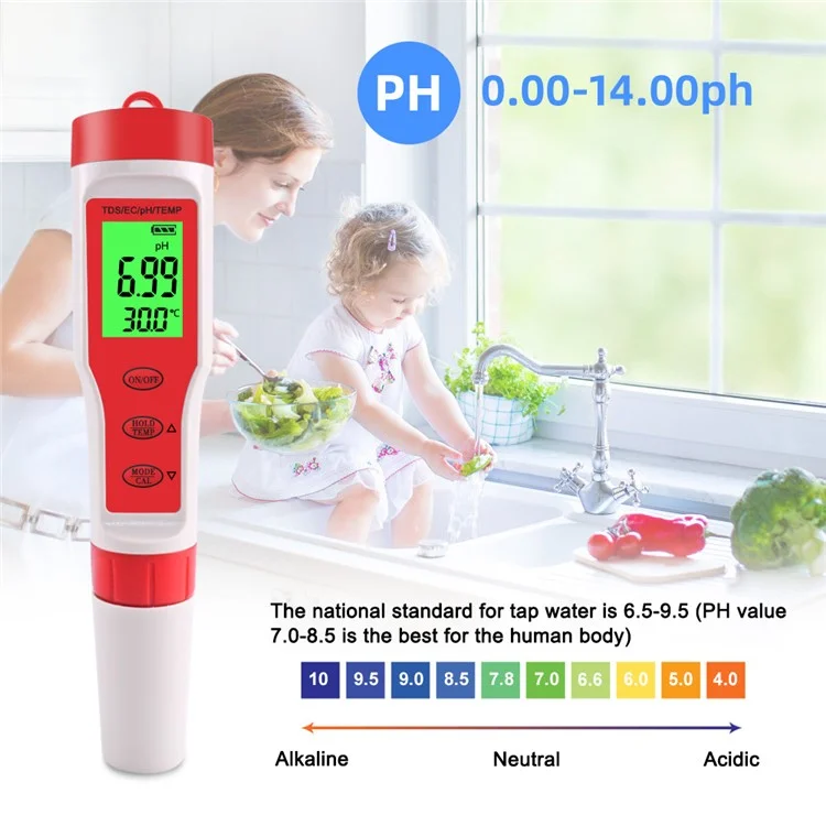 Misuratore Multiuso 4 in 1 per pH / EC / TDS / Temperatura Portatile Tester Digitale per la Qualità dell'Acqua con Retroilluminazione (senza Batterie)