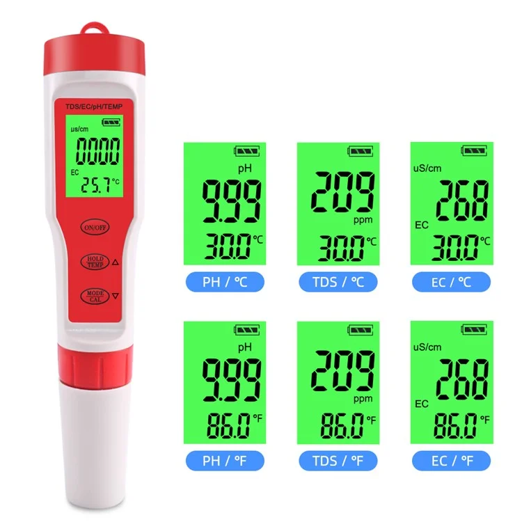 Misuratore Multiuso 4 in 1 per pH / EC / TDS / Temperatura Portatile Tester Digitale per la Qualità dell'Acqua con Retroilluminazione (senza Batterie)