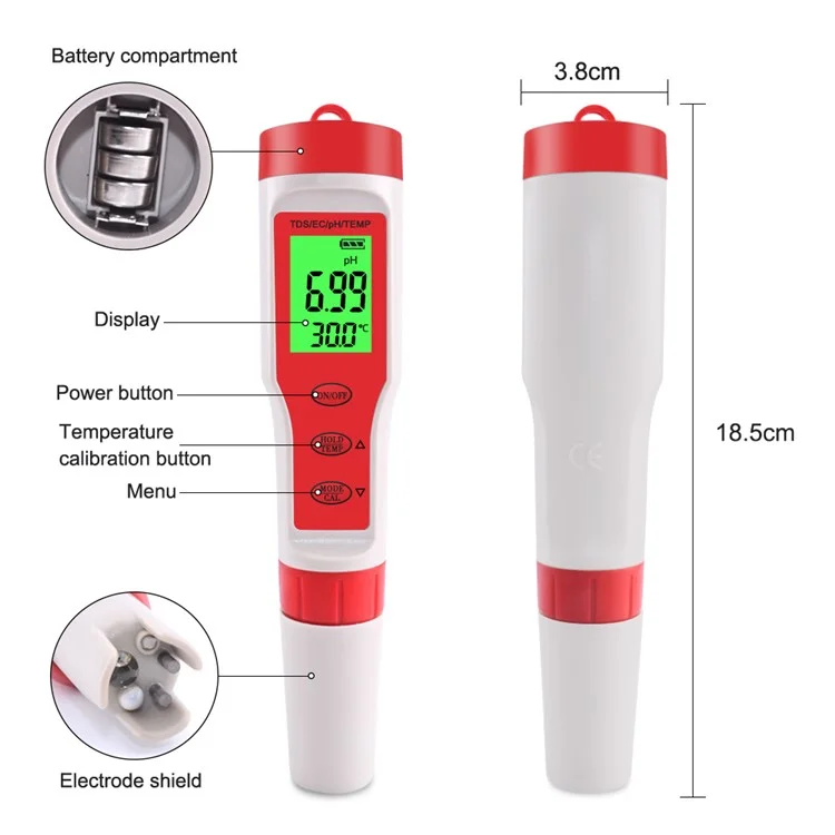 Misuratore Multiuso 4 in 1 per pH / EC / TDS / Temperatura Portatile Tester Digitale per la Qualità dell'Acqua con Retroilluminazione (senza Batterie)