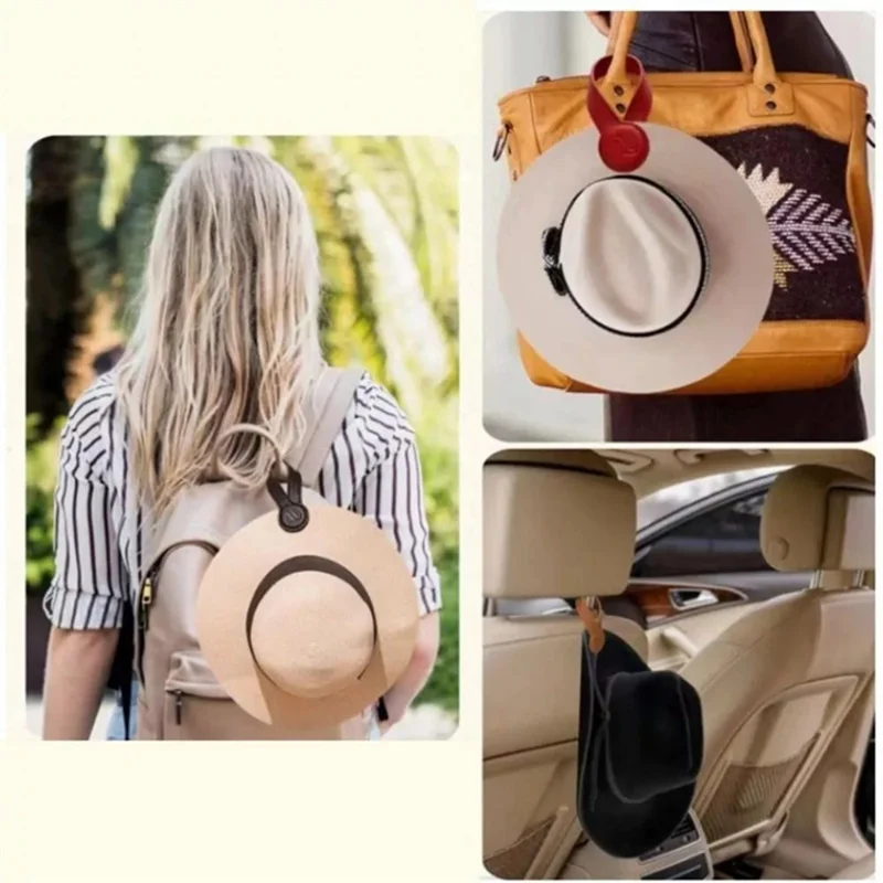Leather Hat Clip Magnetic Hat Holder Round Storage Organizer for Travel Bags Backpacks - Black