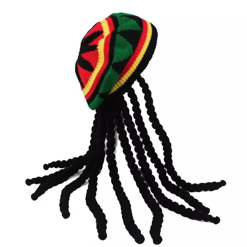 Rasta Hat with Black Dreadlocks Wig 64cm Rainbow Reggae Dreads Wig for Halloween Party - Wig Hat