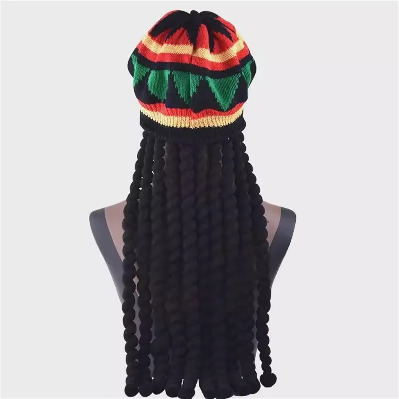 Rasta Hat with Black Dreadlocks Wig 64cm Rainbow Reggae Dreads Wig for Halloween Party - Wig Hat