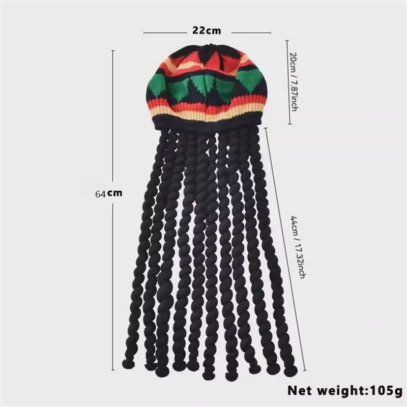 Rasta Hat with Black Dreadlocks Wig 64cm Rainbow Reggae Dreads Wig for Halloween Party - Wig Hat