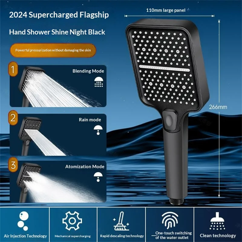 3-Modus-Hochdruck-Duschbrause ABS-Handbrause mit großer Platte für das Badezimmer – Schwarz