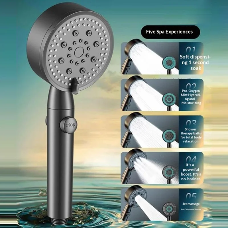 Handdusche mit 5 Modi und Ein-/Ausschalter 25,5 cm Hochdruck-Duschkopf fürs Badezimmer – Dunkelgrau