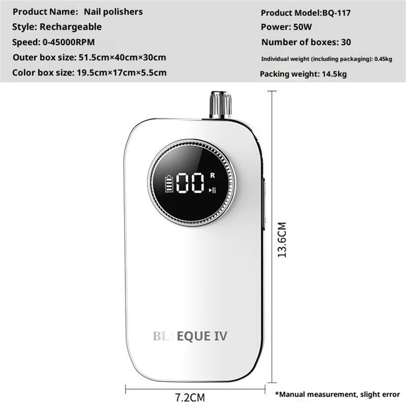 BLUEQUE BQ-117 Nail Drill Machine 45000RPM Rechargeable Electric Nail File with LCD Display Nail Drill Kit - White