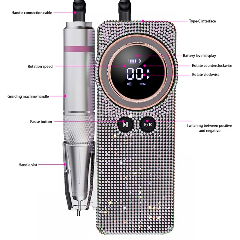 BLUEQUE BQ-108 Electric Nail Drill Machine with Diamond Decor 35000 RPM Rechargeable Nail File Grinder