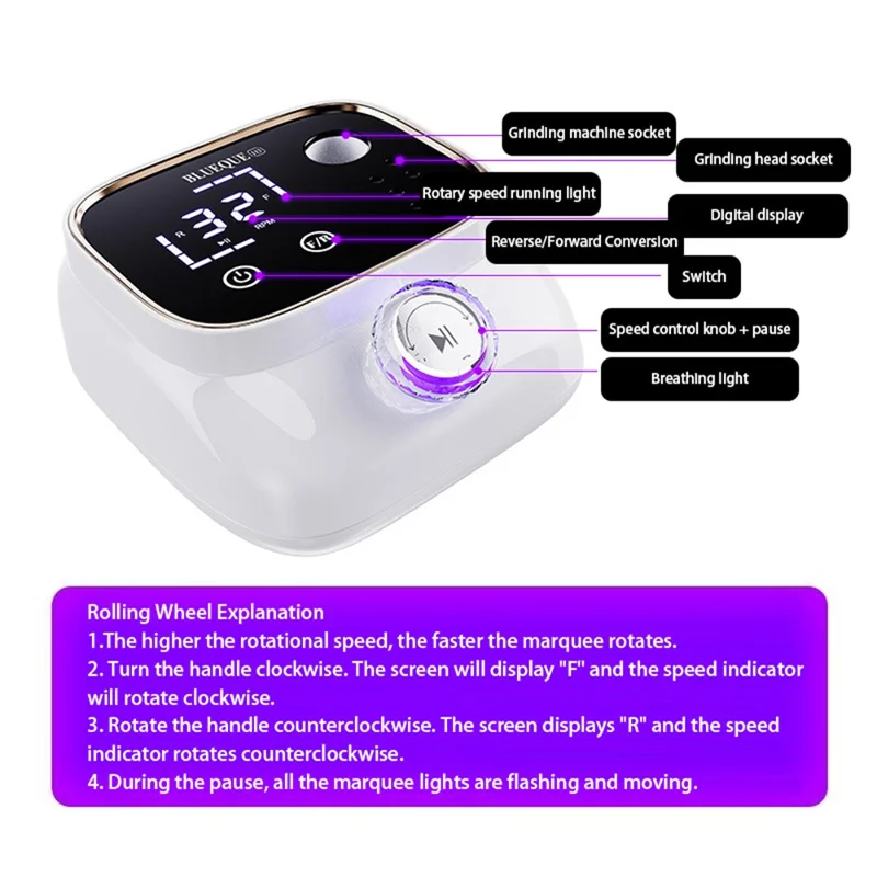 BLUEQUE BQ-113 Electric Nail Drill 45000RPM LCD Display Memory Function Nail File Polisher Kit, EU Plug