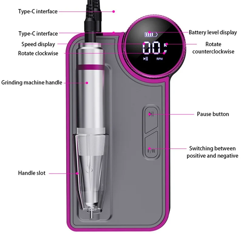 BLUEQUE BQ-109 Electric Nail Drill Machine 35000RPM Portable Rechargeable Manicure File Tool Kit - Silver