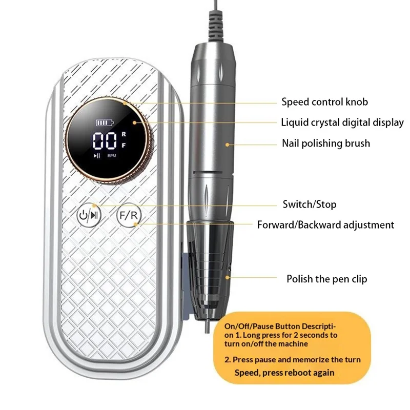 BLUEQUE BQ-111 Electric Nail Drill 35000RPM Memory Function Low Noise Portable Nail File for Manicure - White