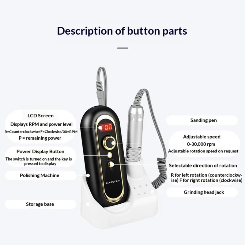 BLUEQUE 504 Mini Electric Nail Drill Kit 30000RPM Rechargeable Nail File Grinder, EU Plug - Black