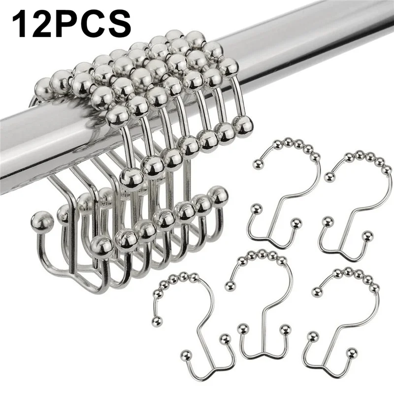 12 piezas de ganchos para cortina de ducha, diseño doble gancho con cadena de bolas, ganchos deslizantes suaves para baño - Plata