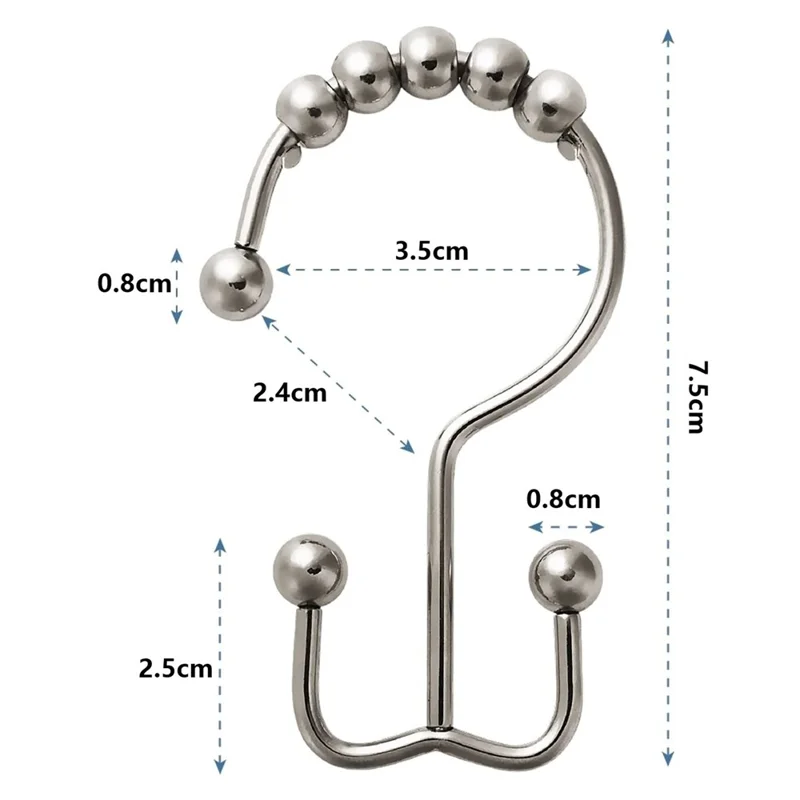12 piezas de ganchos para cortina de ducha, diseño doble gancho con cadena de bolas, ganchos deslizantes suaves para baño - Plata