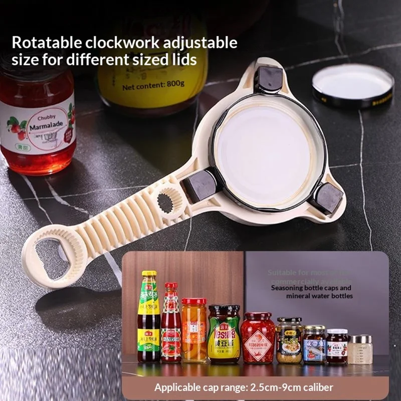 3-armet justerbar dåseåbner og glaslågsfjerner til 2,5-9 cm flaskeprop - beige