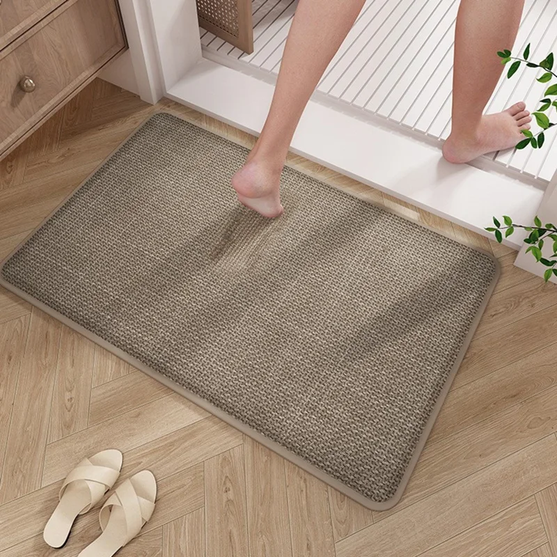 60 x 90cm Bathroom Mat Imitation Linen Woven Texture Memory Foam Non-Slip Absorbent Bath Rug - Khaki