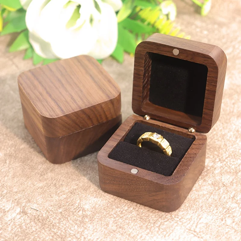 55MM quadratische Holzringbox aus Schwarzwalnuss, Heiratsantrag, Verlobung, Hochzeit, Schmuck, Geschenk, Aufbewahrungsbox mit weicher Innenausstattung - Schwarz / Einzelner Ring