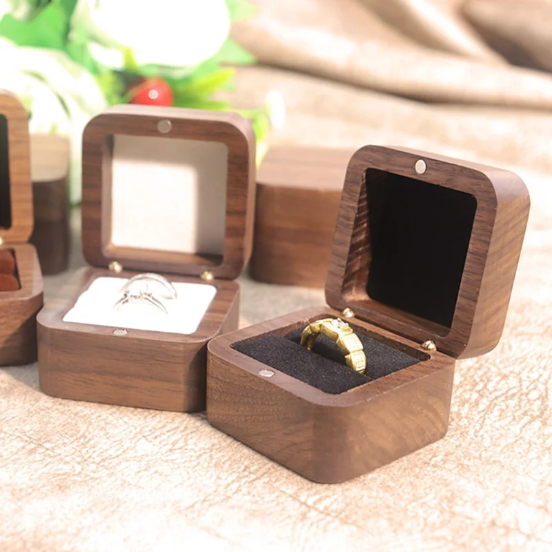 55MM quadratische Holzringbox aus Schwarzwalnuss, Heiratsantrag, Verlobung, Hochzeit, Schmuck, Geschenk, Aufbewahrungsbox mit weicher Innenausstattung - Schwarz / Einzelner Ring
