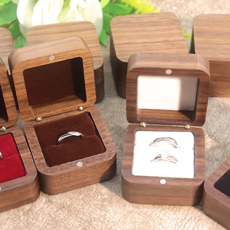 55MM quadratische Holzringbox aus Schwarzwalnuss, Heiratsantrag, Verlobung, Hochzeit, Schmuck, Geschenk, Aufbewahrungsbox mit weicher Innenausstattung - Schwarz / Einzelner Ring