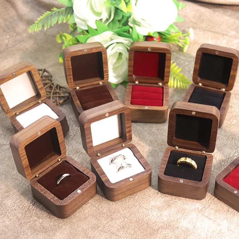 55MM quadratische Holzringbox aus Schwarzwalnuss, Heiratsantrag, Verlobung, Hochzeit, Schmuck, Geschenk, Aufbewahrungsbox mit weicher Innenausstattung - Schwarz / Einzelner Ring