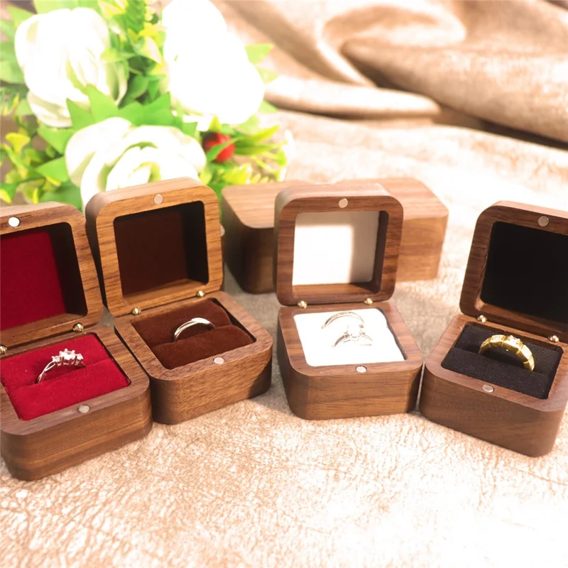 55MM quadratische Holzringbox aus Schwarzwalnuss, Heiratsantrag, Verlobung, Hochzeit, Schmuck, Geschenk, Aufbewahrungsbox mit weicher Innenausstattung - Schwarz / Einzelner Ring