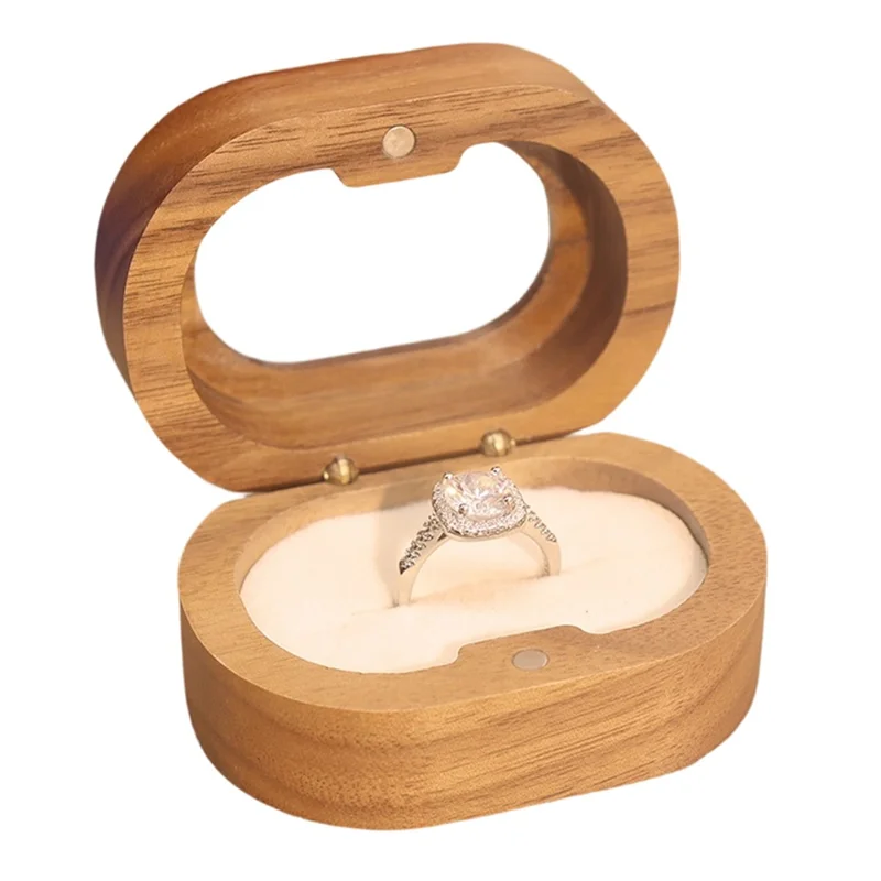 Solid Wood Walnut Ring Box Jewelry Storage Oval Transparent Window Proposal Wedding Ring Case - Beige  /  Single Ring