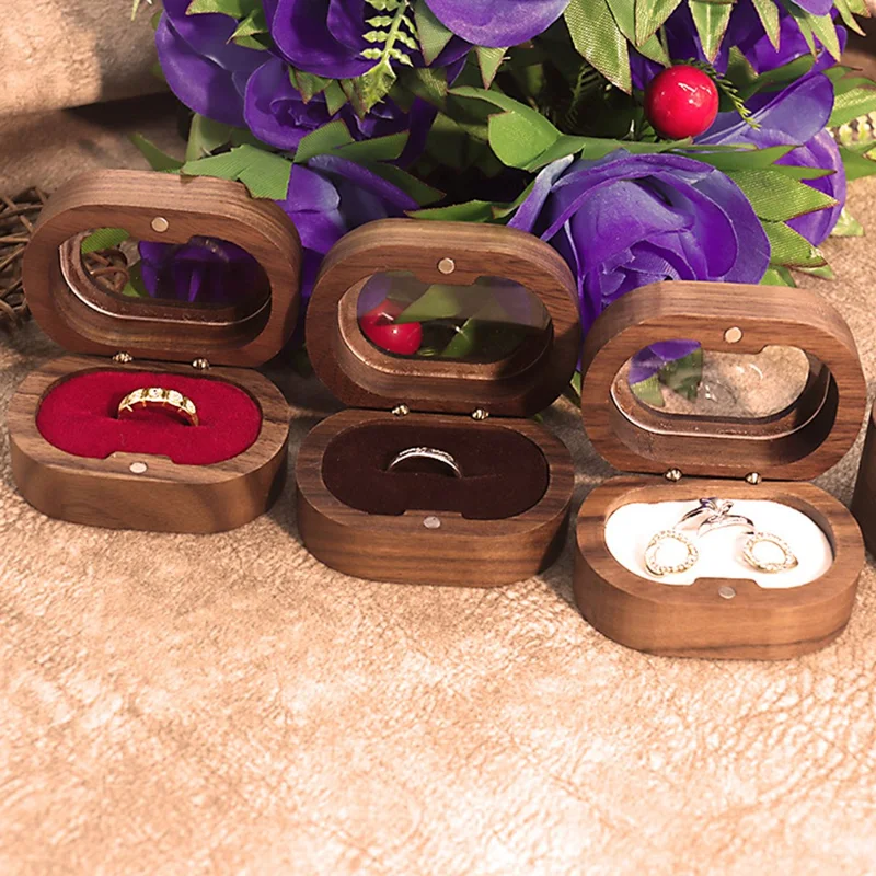Solid Wood Walnut Ring Box Jewelry Storage Oval Transparent Window Proposal Wedding Ring Case - Beige  /  Single Ring