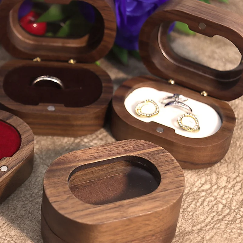 Solid Wood Walnut Ring Box Jewelry Storage Oval Transparent Window Proposal Wedding Ring Case - Beige  /  Single Ring