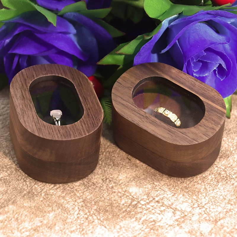 Solid Wood Walnut Ring Box Jewelry Storage Oval Transparent Window Proposal Wedding Ring Case - Beige  /  Single Ring