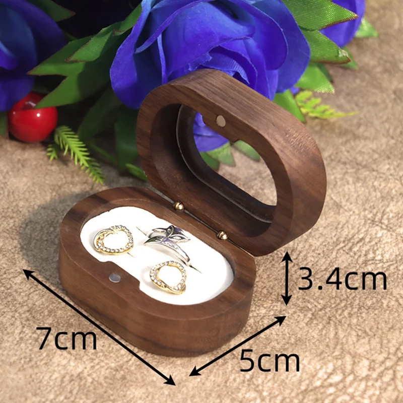 Solid Wood Walnut Ring Box Jewelry Storage Oval Transparent Window Proposal Wedding Ring Case - Beige  /  Single Ring