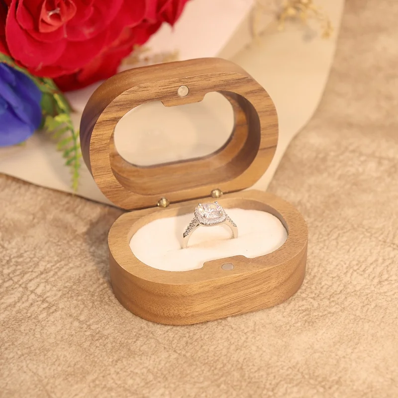 Solid Wood Walnut Ring Box Jewelry Storage Oval Transparent Window Proposal Wedding Ring Case - Beige  /  Single Ring