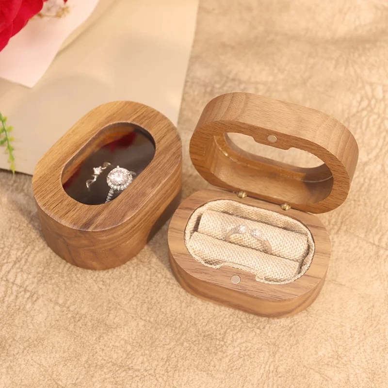 Solid Wood Walnut Ring Box Jewelry Storage Oval Transparent Window Proposal Wedding Ring Case - Beige  /  Single Ring