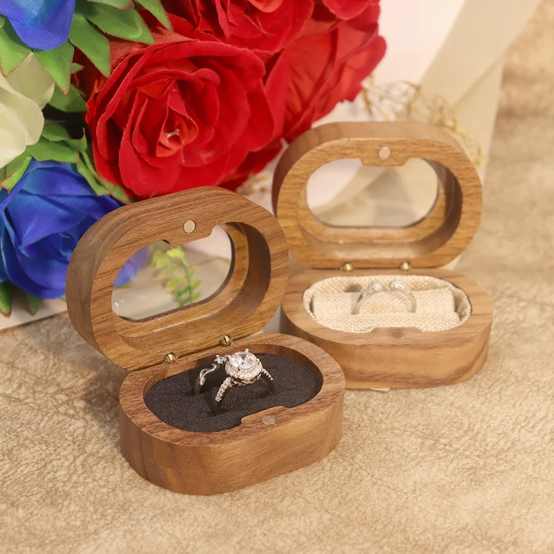 Solid Wood Walnut Ring Box Jewelry Storage Oval Transparent Window Proposal Wedding Ring Case - Beige  /  Single Ring