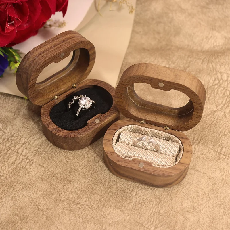 Solid Wood Walnut Ring Box Jewelry Storage Oval Transparent Window Proposal Wedding Ring Case - Beige  /  Single Ring