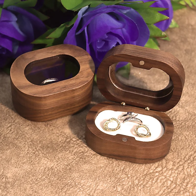 Solid Wood Walnut Ring Box Jewelry Storage Oval Transparent Window Proposal Wedding Ring Case - Beige  /  Single Ring