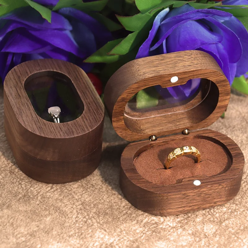Solid Wood Walnut Ring Box Jewelry Storage Oval Transparent Window Proposal Wedding Ring Case - Beige  /  Single Ring
