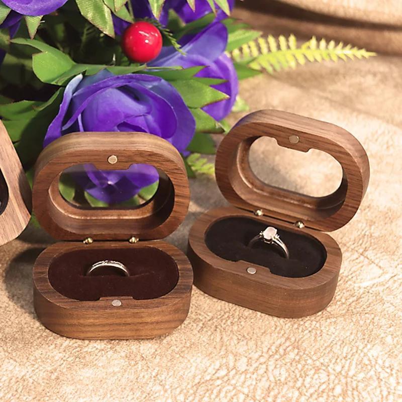 Solid Wood Walnut Ring Box Jewelry Storage Oval Transparent Window Proposal Wedding Ring Case - Beige  /  Single Ring