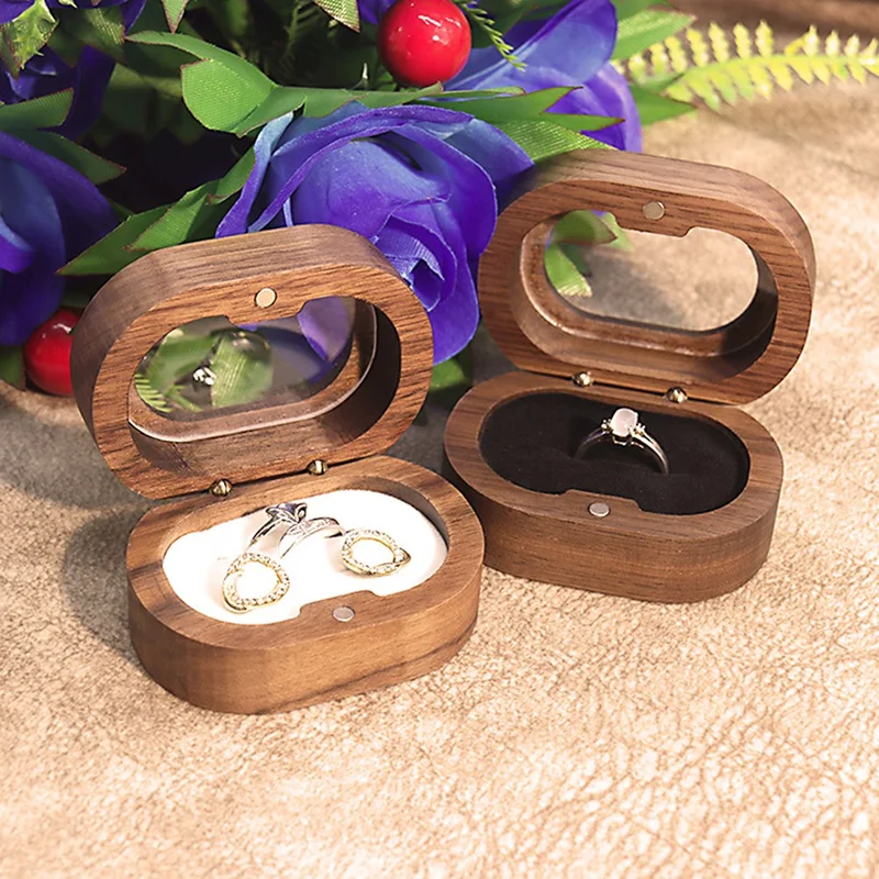 Solid Wood Walnut Ring Box Jewelry Storage Oval Transparent Window Proposal Wedding Ring Case - Beige  /  Single Ring