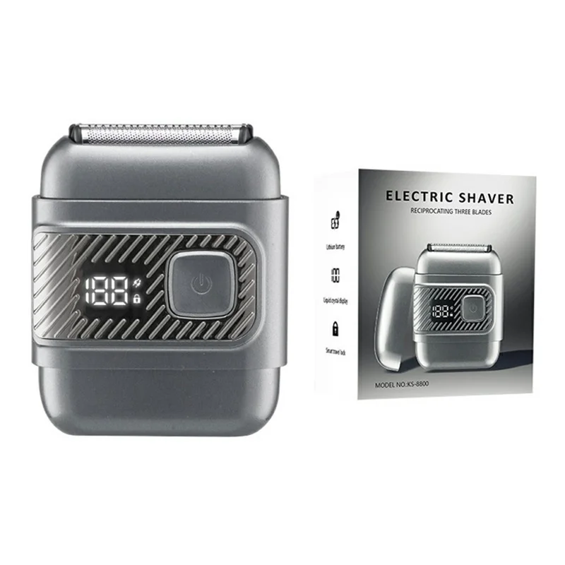 Mini Reciprocating Electric Razor Mens Shaver 3-Blade IPX6 Waterproof LED Display Travel Lock - Grey
