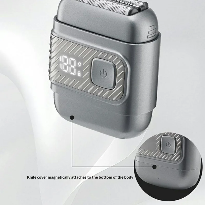 Mini Reciprocating Electric Razor Mens Shaver 3-Blade IPX6 Waterproof LED Display Travel Lock - Grey