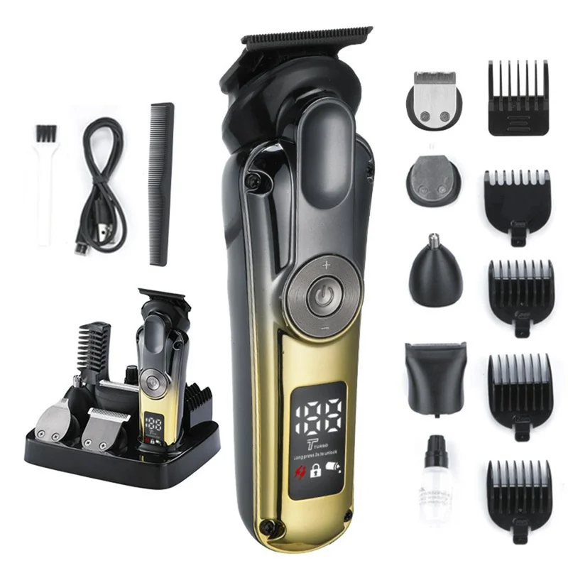6-in-1 Electric Hair Clipper Set Multi-Function Grooming Kit IPX6 Waterproof LCD Display 1400mAh for Beard Trimming - Gold