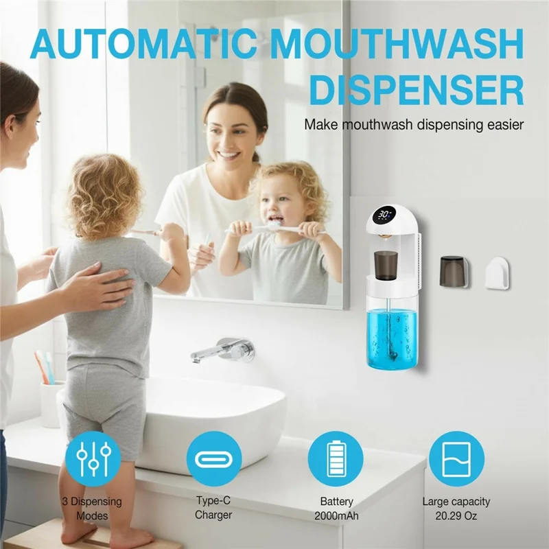Distributore Automatico di Collutorio 2000mAh Sensore a Infrarossi 3 Modalità 600ml Dispositivo per l'igiene orale da Parete per Uso Domestico - Bianco