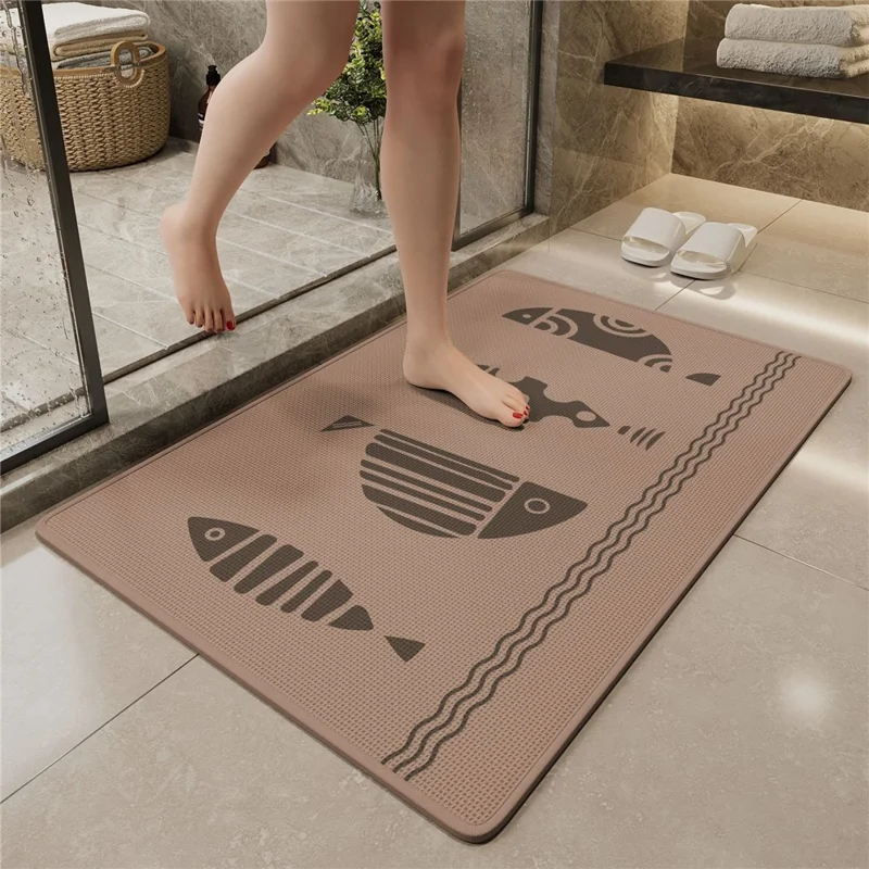 40x60cm Fish Pattern Bath Mat Linen Rubber Non-Slip Bathroom Floor Mat Water Absorption - Brown