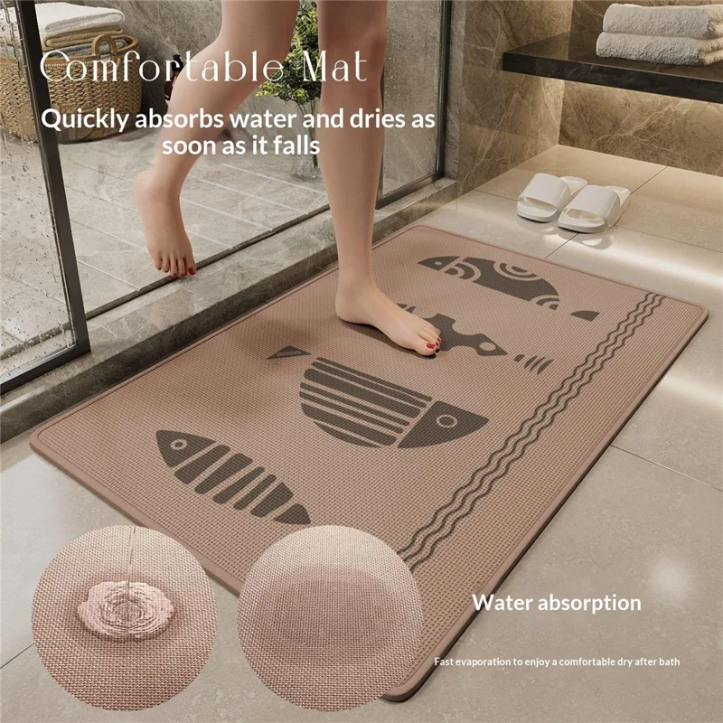 50x80cm Fish Pattern Bath Mat Linen Rubber Non-Slip Bathroom Floor Mat Water Absorption - Brown