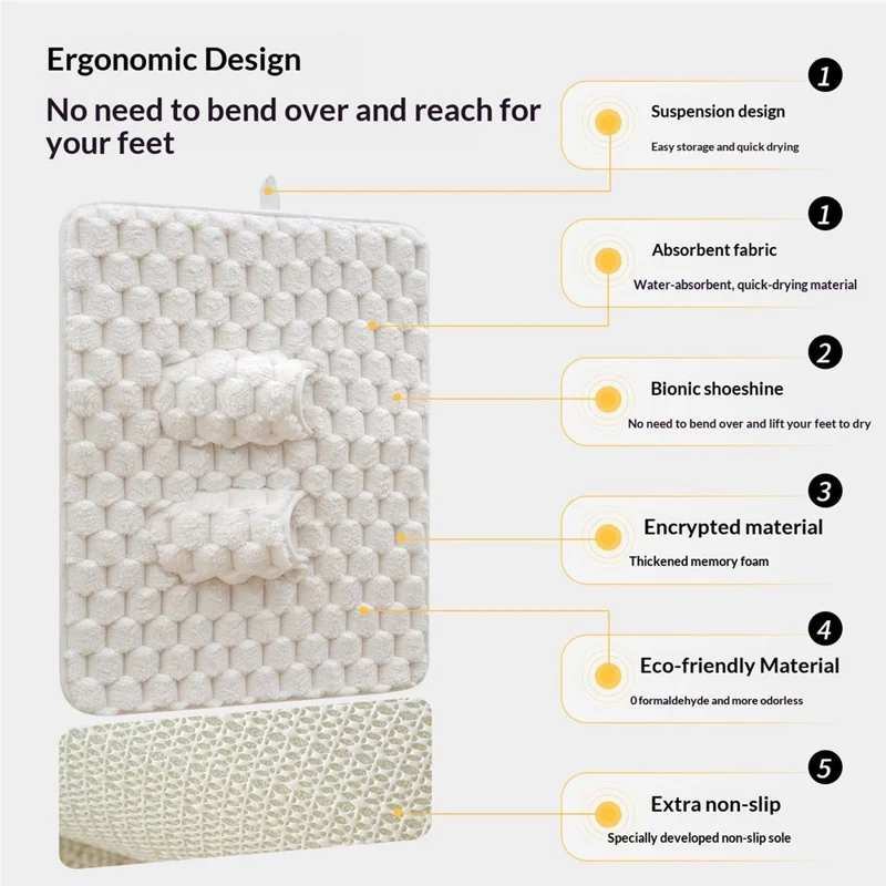 50x80cm Memory Foam Bath Mat Bionic Foot-Drying Design Non-Slip Bathroom Rug 35mm Thick - Beige