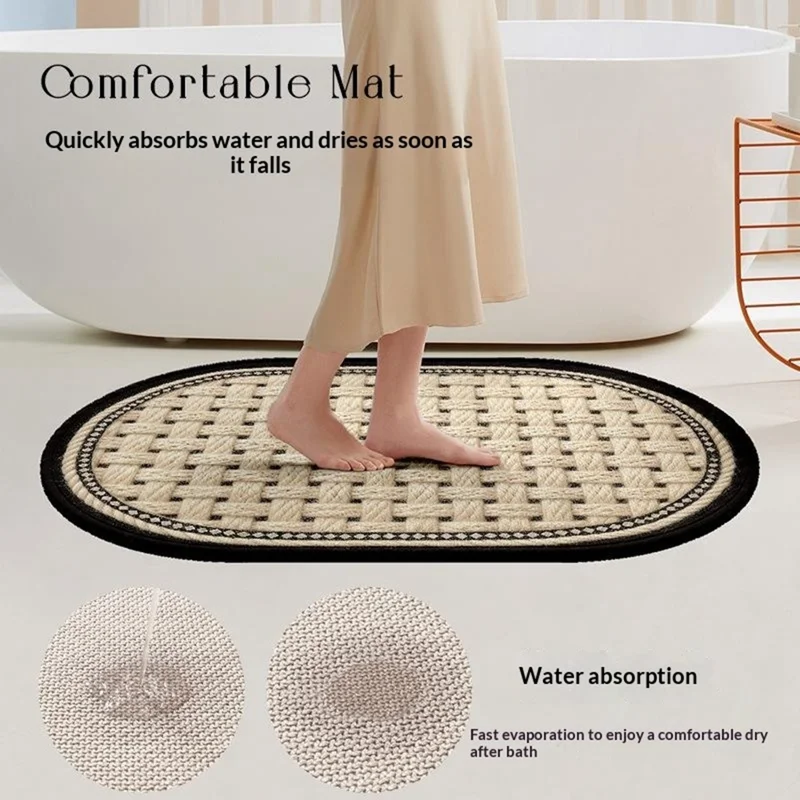 40x60cm Oval Bath Mat Rubber Bottom Woven Textured Non-Slip Bathroom Floor Mat - Black