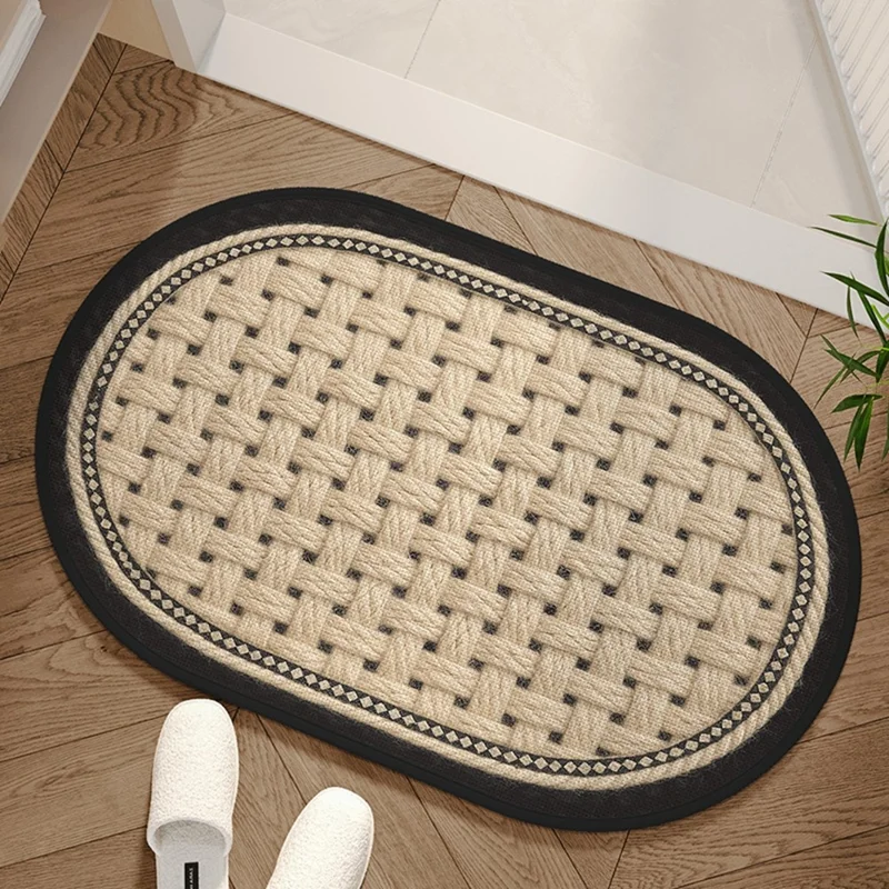 50x80cm Oval Bath Mat Rubber Bottom Woven Textured Non-Slip Bathroom Floor Mat - Black