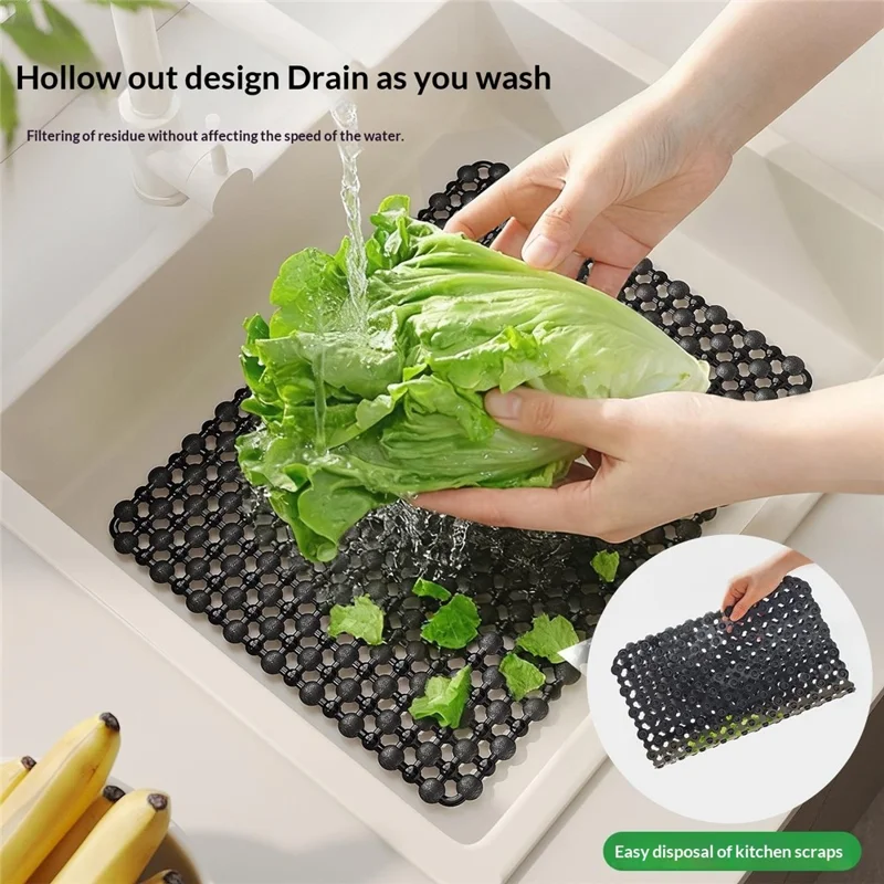 40x30cm Kitchen Sink Mat PVC Drain Filter Pad Heat-Resistant 100°C Non-Slip for Dish Washing - Black